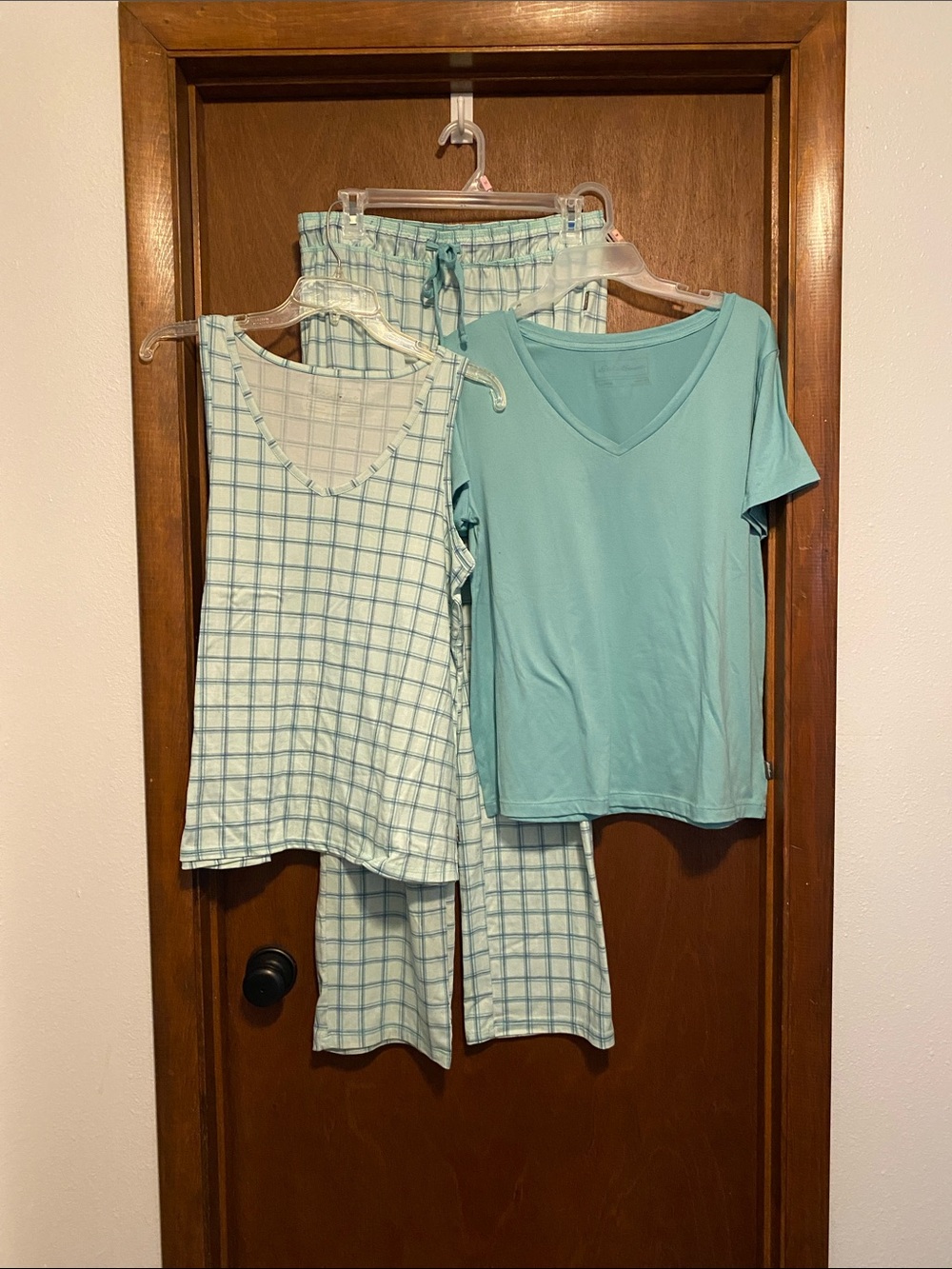 Eddie Bauer Aqua 3-Piece Pajama Set - V-Neck Tee, Tank & Plaid Pants